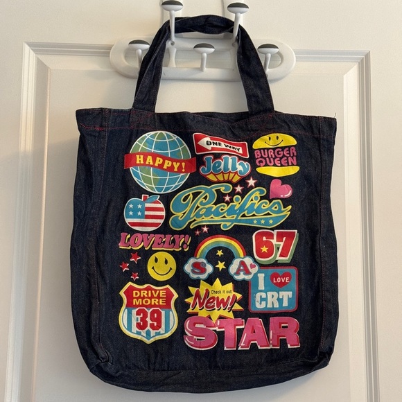 Denim Tote Bag with Colorful Patches - Picture 3 of 10